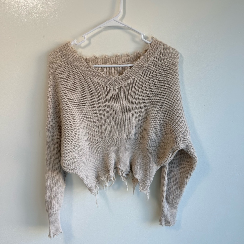 Cream Cropped Distressed Hem Knit Sweater